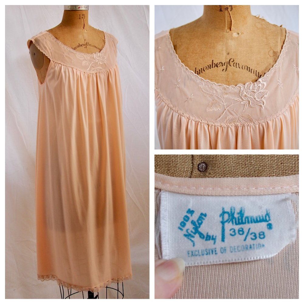 vtg PHILMAID Orange Retro Nylon Silky Short Nightgown Floral Embroidery 36/38